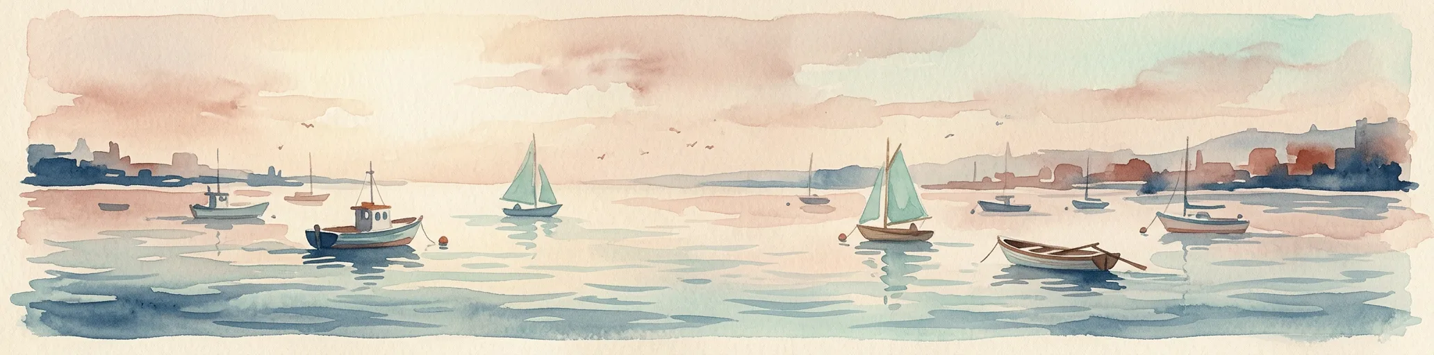 Watercolor panorama of a calm harbor at dawn, small boats resting at anchor
