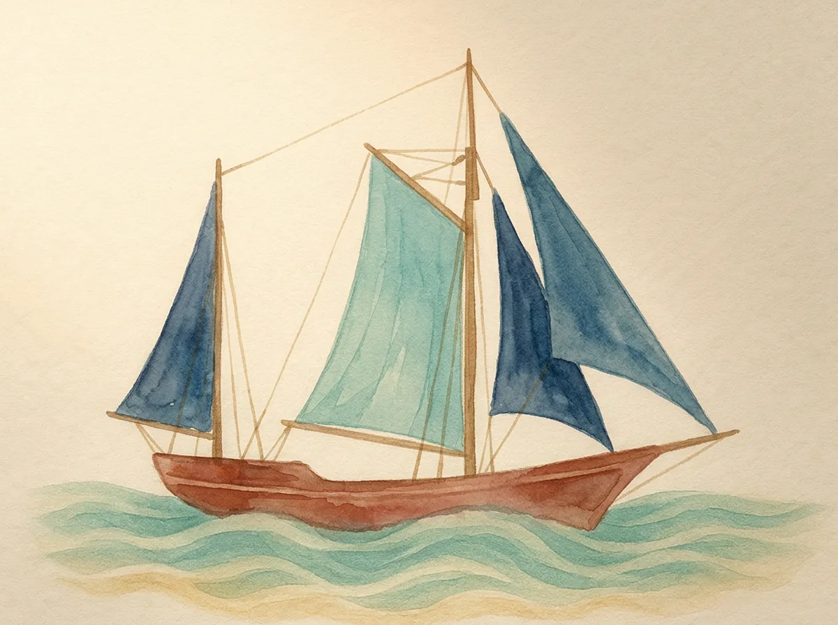 Watercolor illustration of a ketch under sail on open water