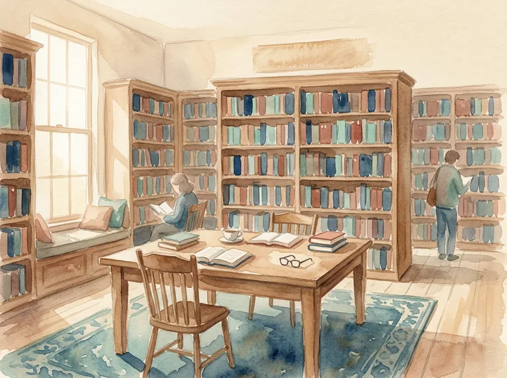 Watercolor illustration of a small library reading room, sunlight on shelves and a reading table