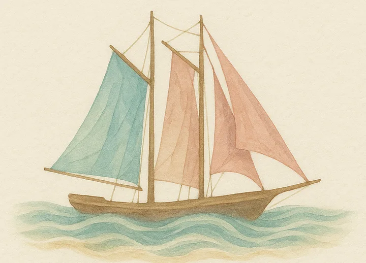 Watercolor illustration of a two-masted schooner with teal and damask sails