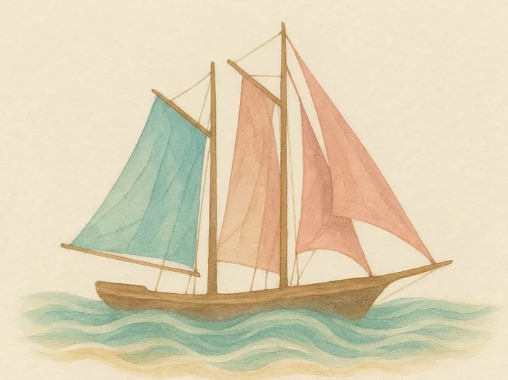 Watercolor illustration of a two-masted ketch with teal and damask sails